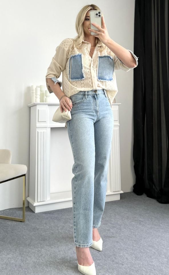 Buz Mavi Wide Leg Kalıp Jean Pantolon