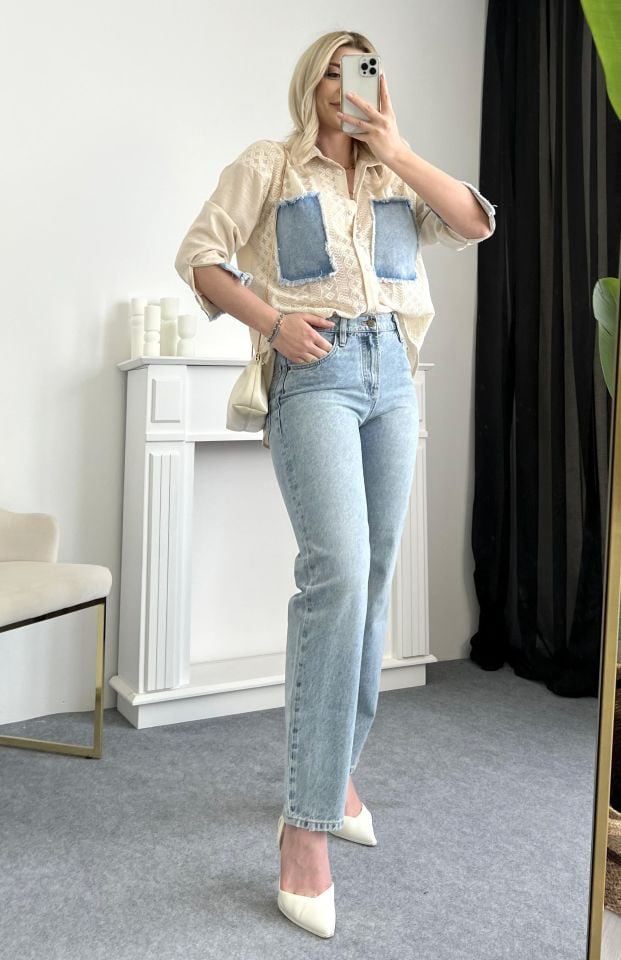 Buz Mavi Wide Leg Kalıp Jean Pantolon