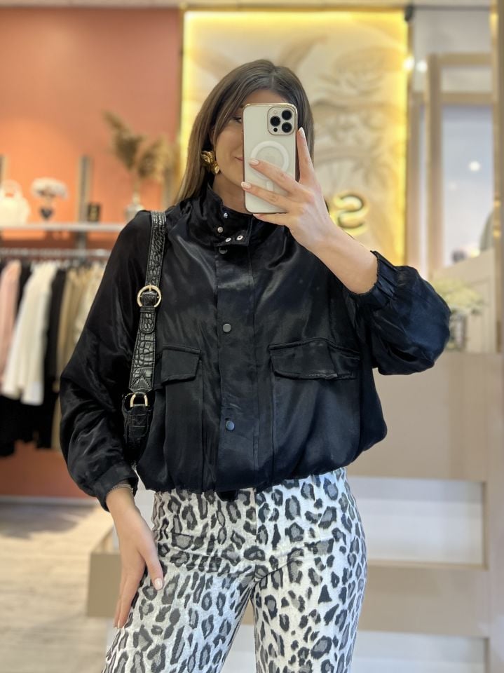 Siyah Saten Bomber Ceket