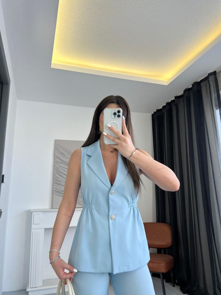 Lastik Büzgülü Mavi Yelek Takım