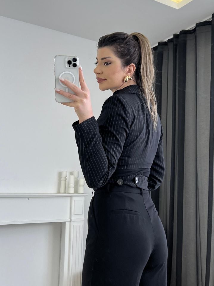 Çizgili Bel Detay Crop Ceket
