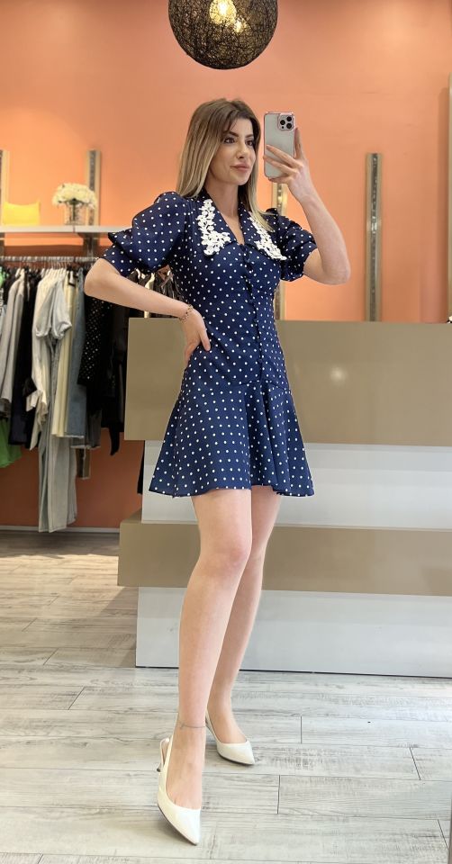 Lacivert Puanlı Vintage Elbise