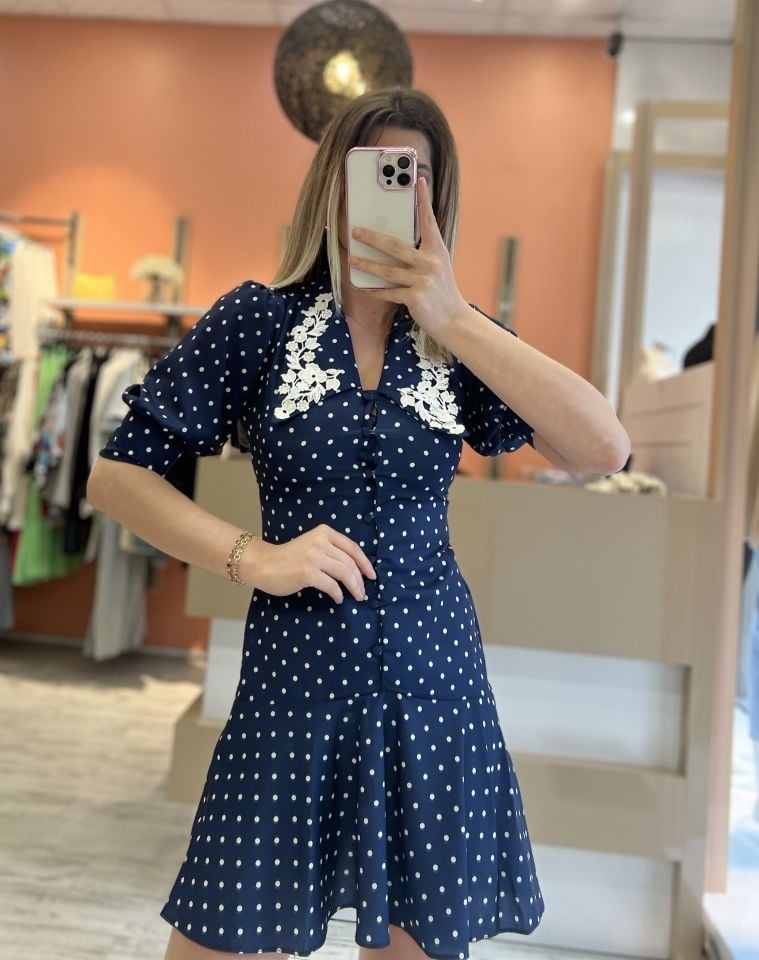 Lacivert Puanlı Vintage Elbise