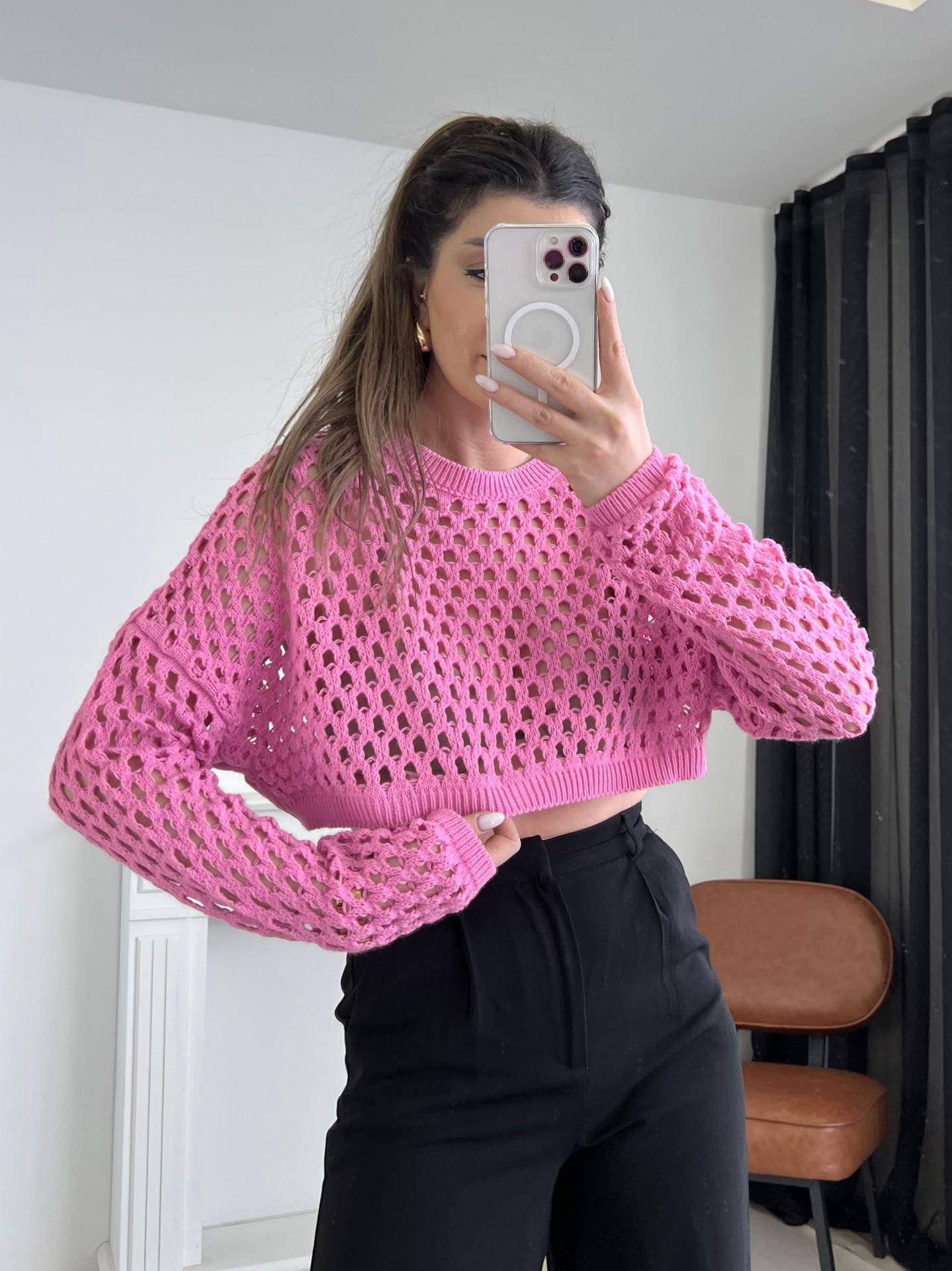 Bisiklet Yaka Ajurlu Crop Kazak