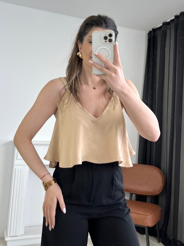 Camel Askılı Saten Bluz