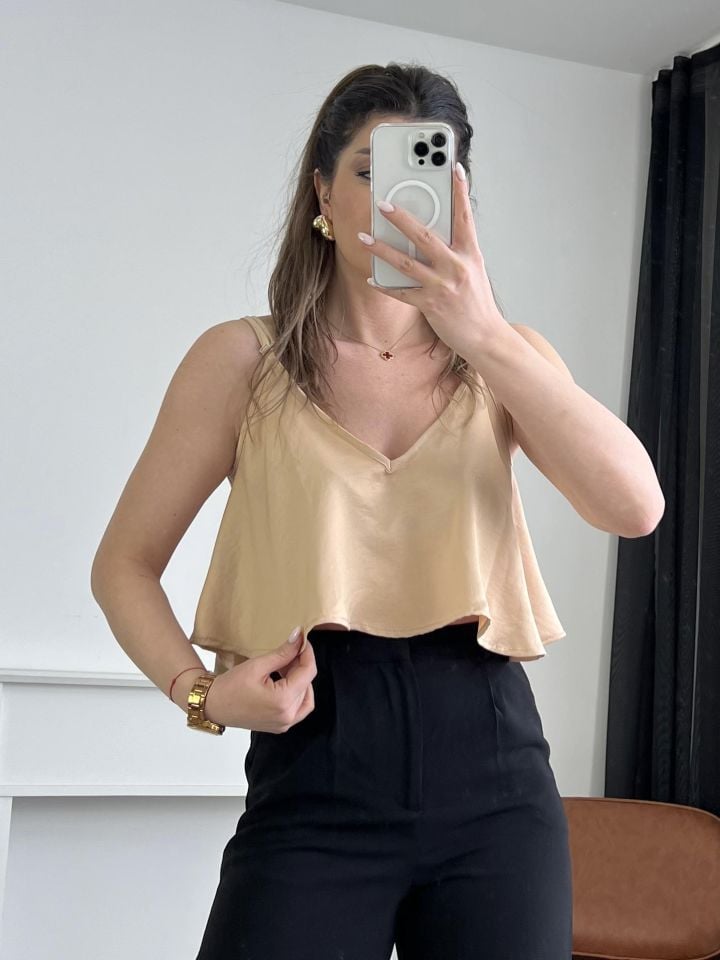 Camel Askılı Saten Bluz
