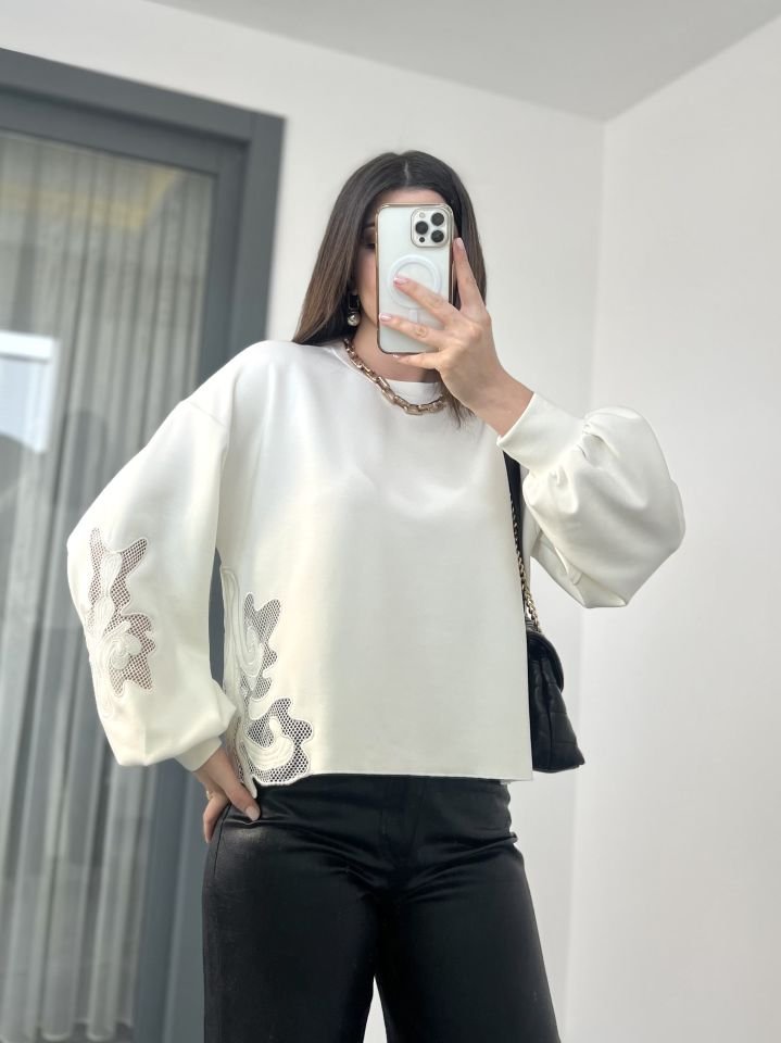 Beyaz Modal Kumaş Petek Detay Sweatshirt