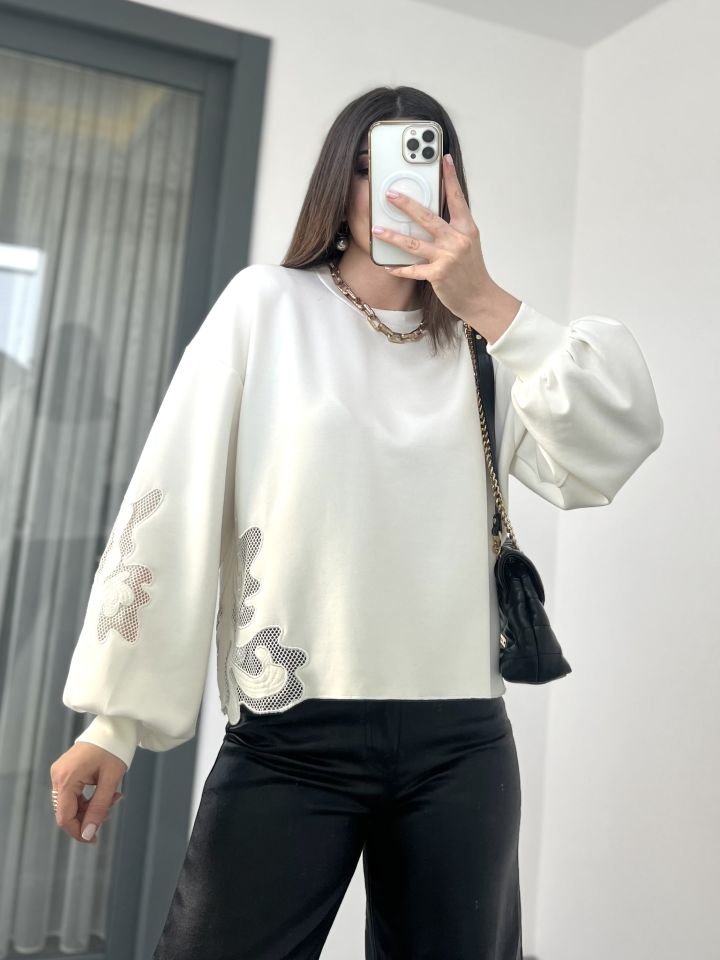 Beyaz Modal Kumaş Petek Detay Sweatshirt