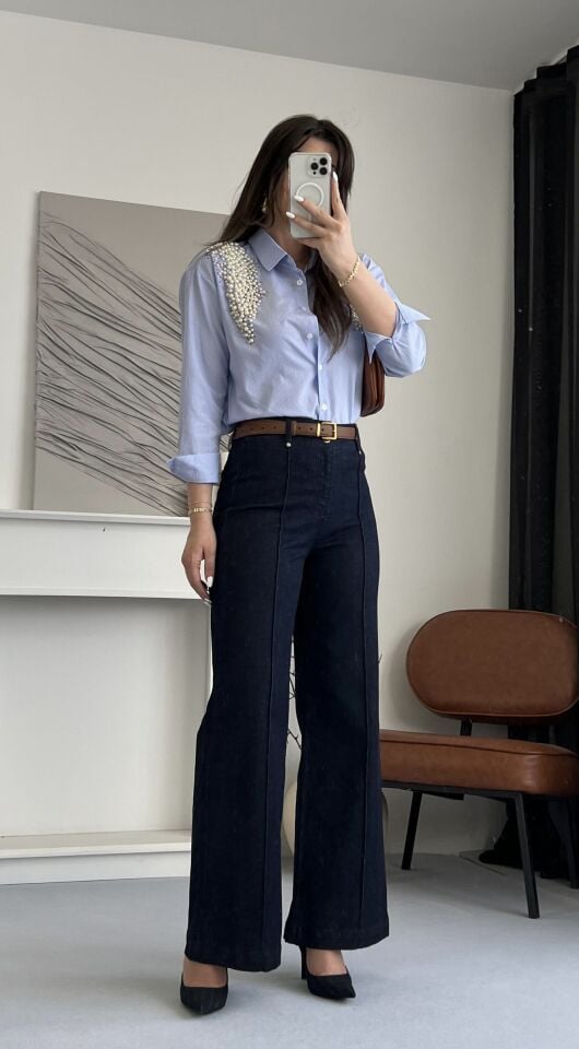 Dikiş Detay Geniş Paça Jean