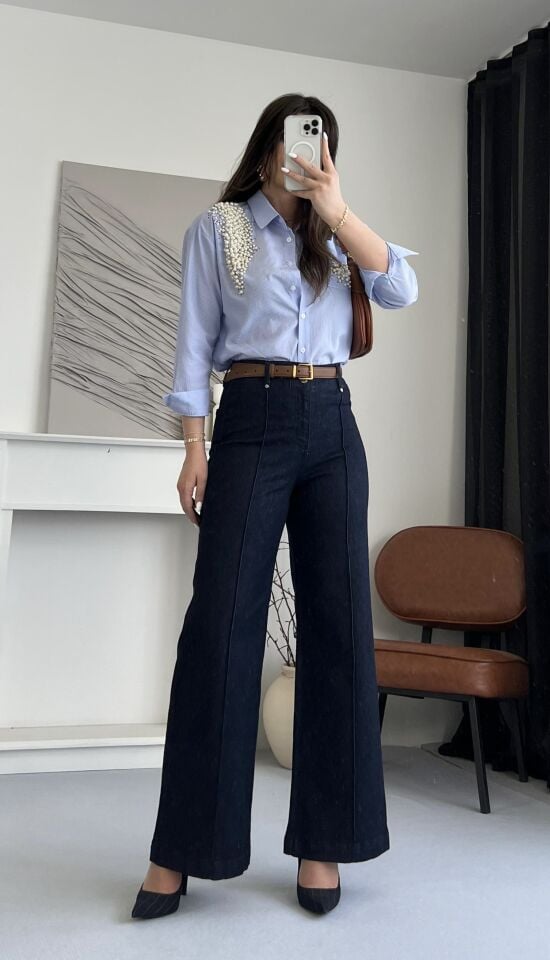 Dikiş Detay Geniş Paça Jean