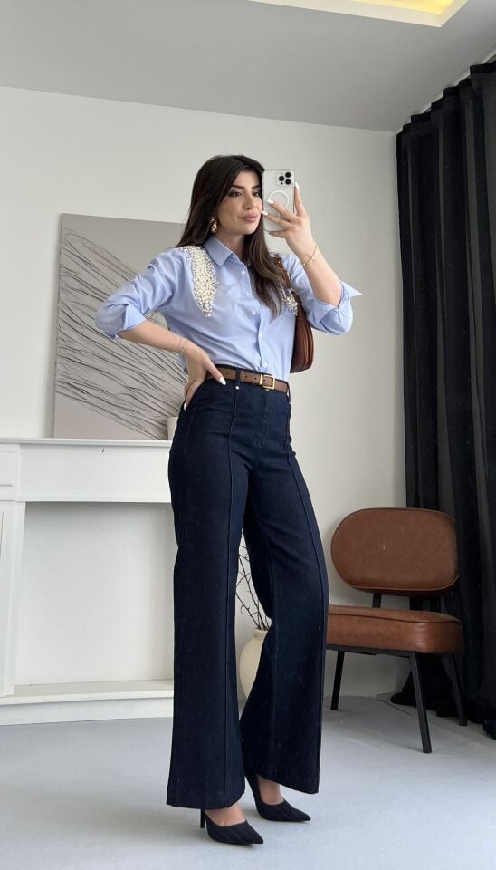 Dikiş Detay Geniş Paça Jean