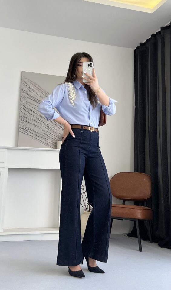Dikiş Detay Geniş Paça Jean