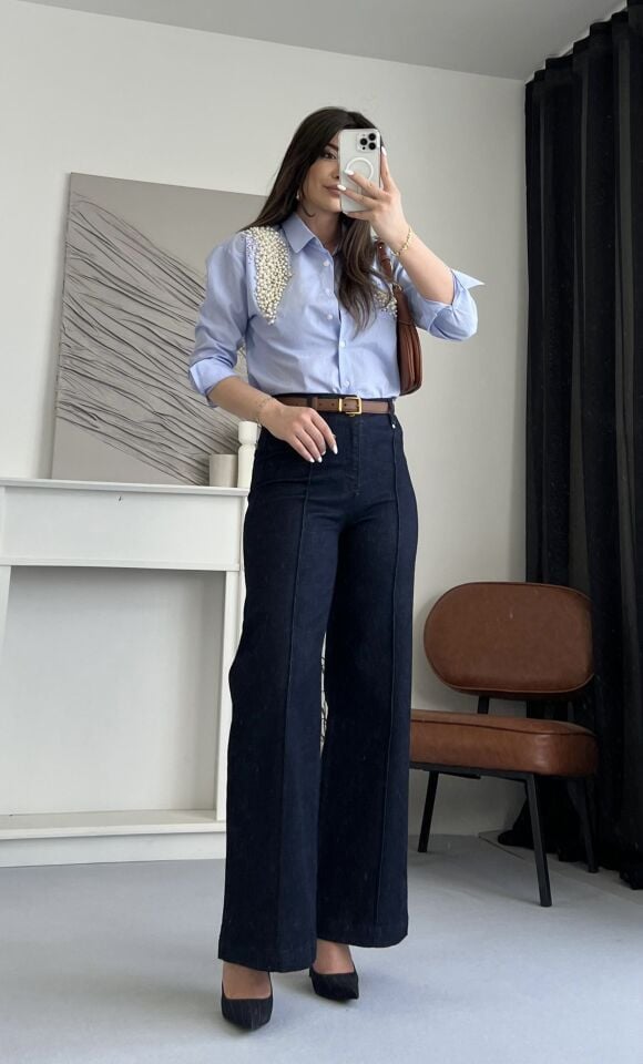 Dikiş Detay Geniş Paça Jean