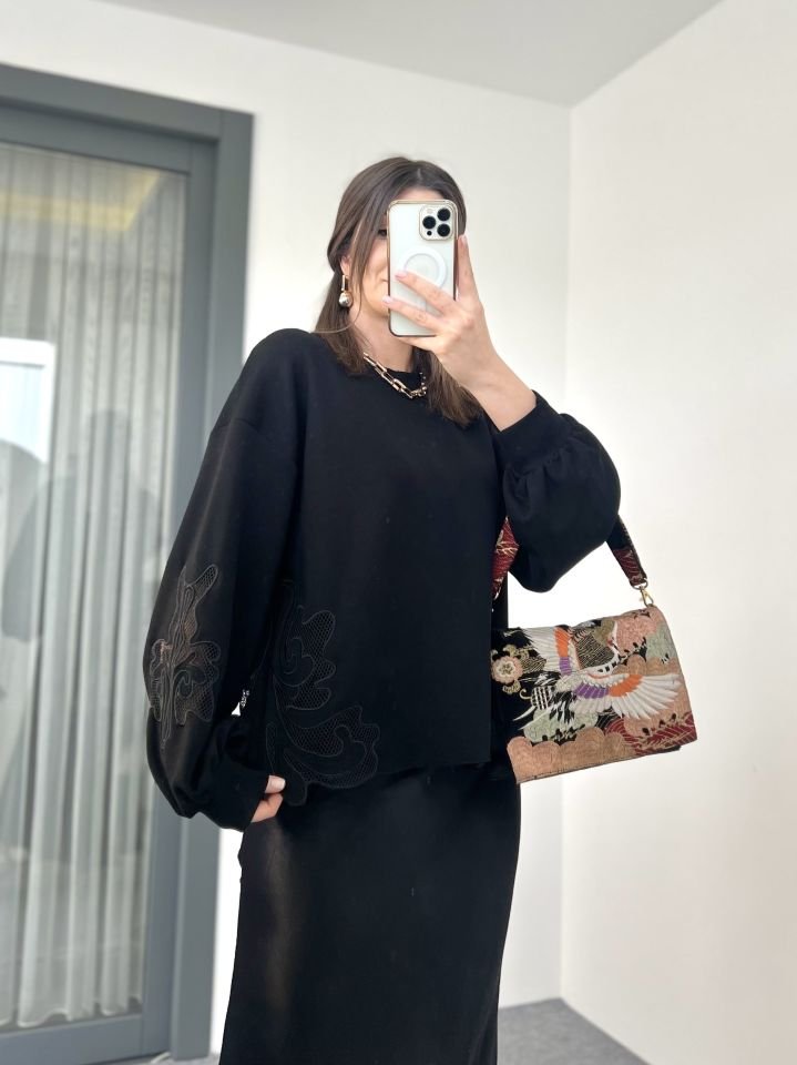 Siyah Modal Kumaş Petek Detay Sweatshirt