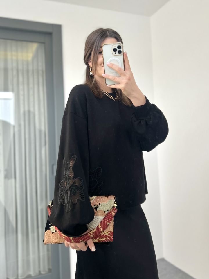 Siyah Modal Kumaş Petek Detay Sweatshirt
