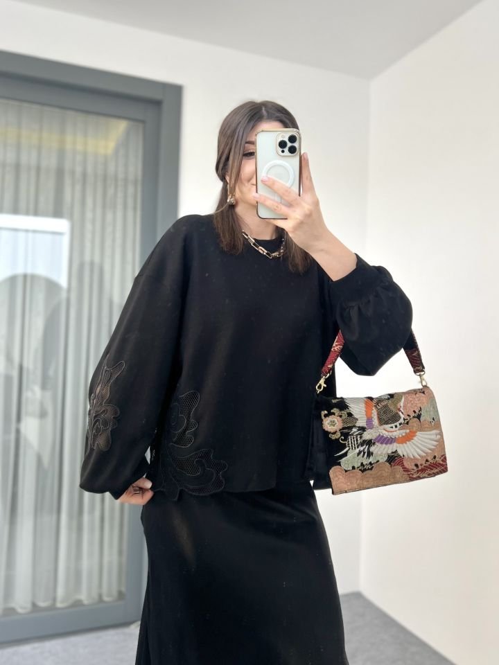 Siyah Modal Kumaş Petek Detay Sweatshirt