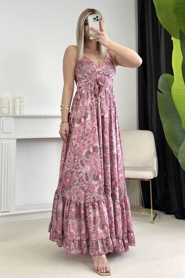 Pembe Beli Lastikli Önden Kuşak Detay Çiçek Desen Saten Elbise