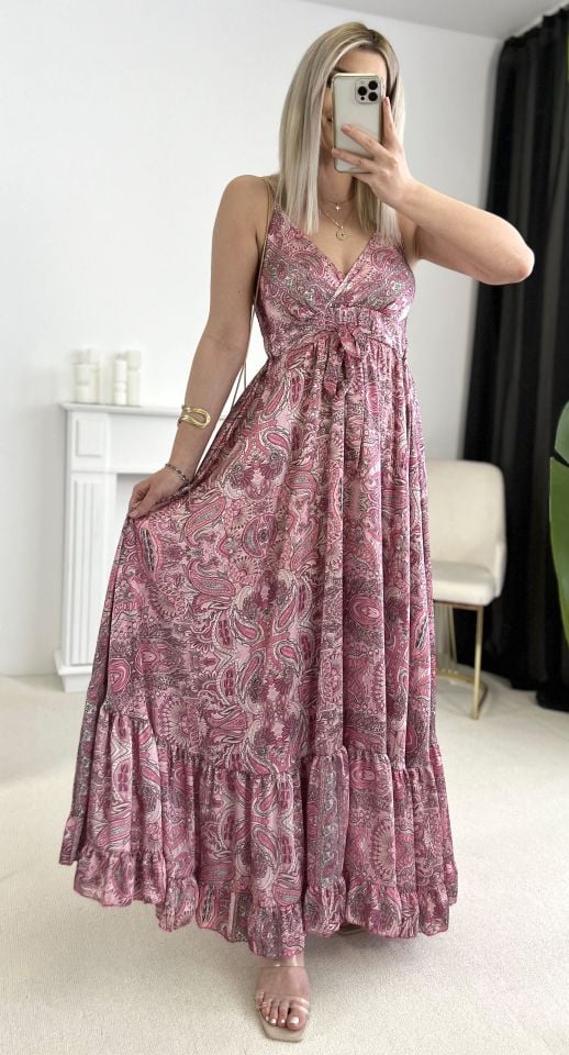 Pembe Beli Lastikli Önden Kuşak Detay Çiçek Desen Saten Elbise