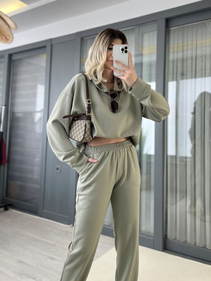 Haki Kapüşonlu Oversize Eşofman Takımı