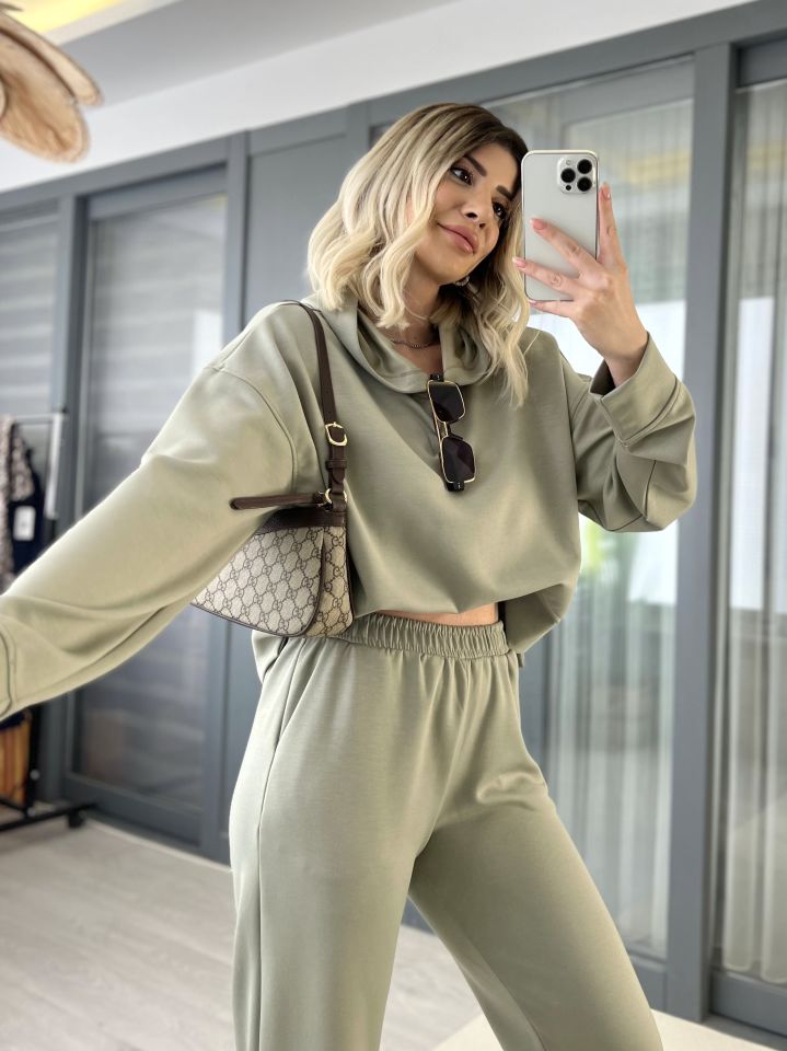 Haki Kapüşonlu Oversize Eşofman Takımı