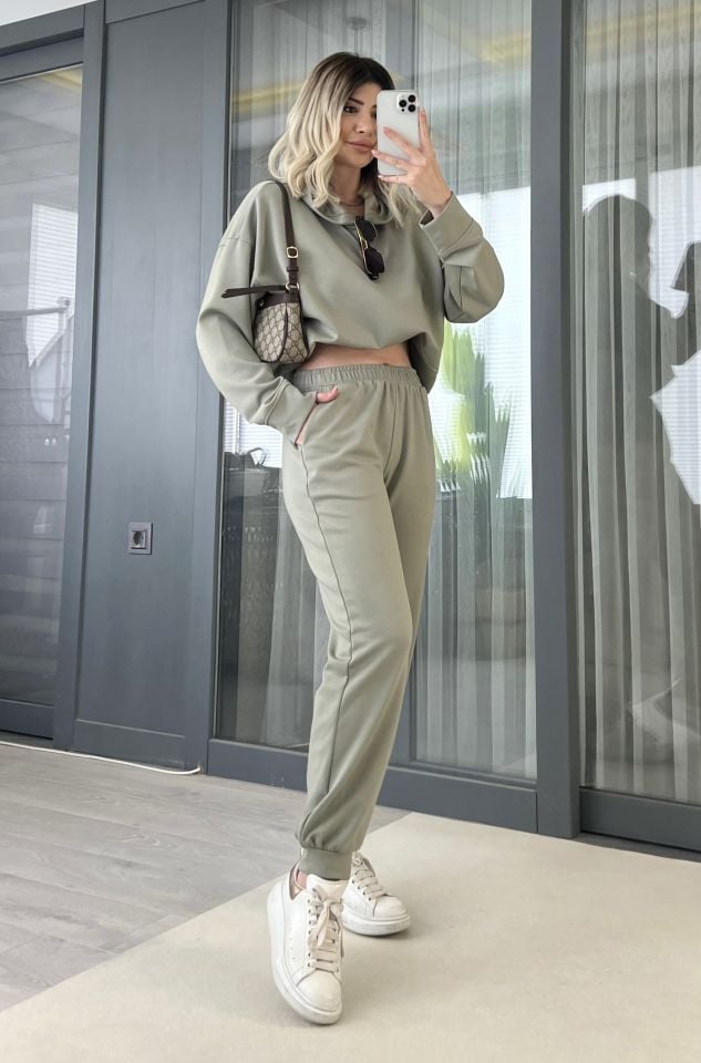 Haki Kapüşonlu Oversize Eşofman Takımı