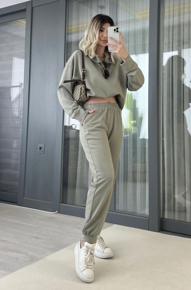 Haki Kapüşonlu Oversize Eşofman Takımı