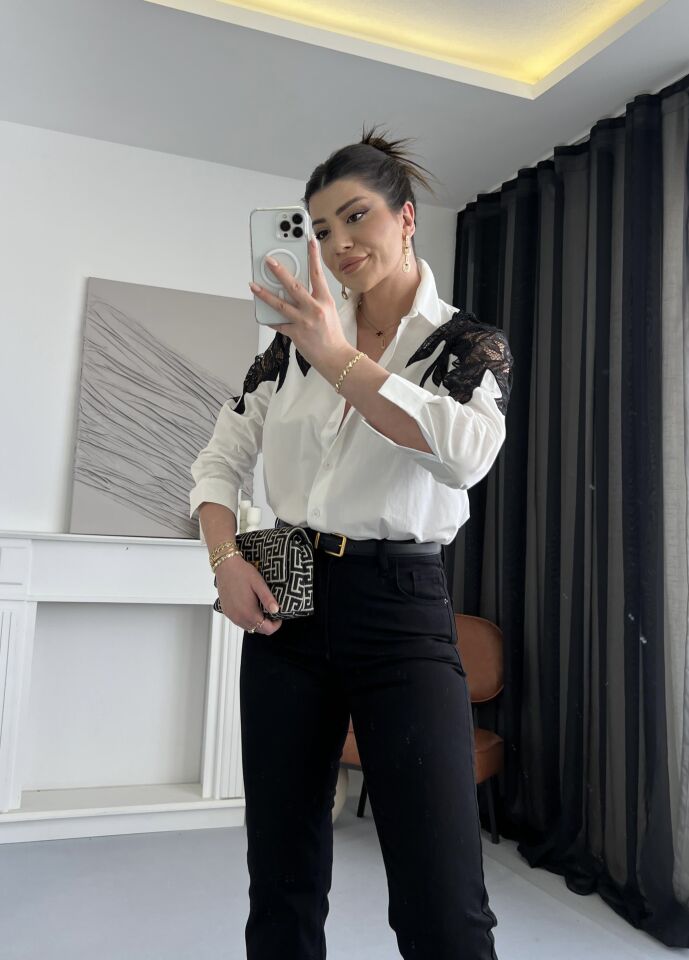 Dantel Geçişli Poplin Gömlek