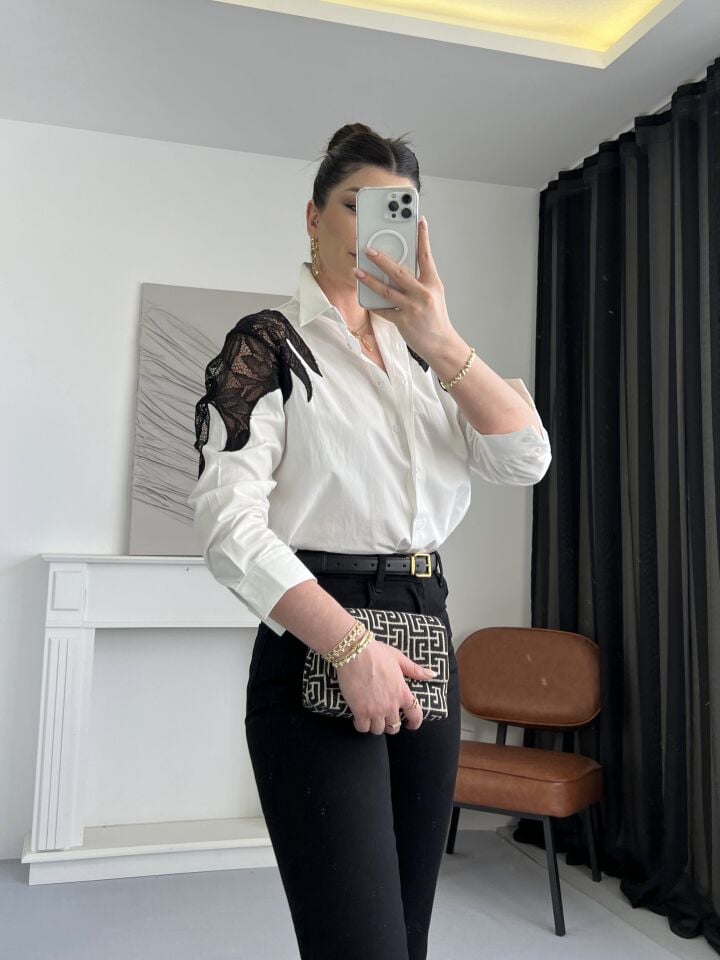 Dantel Geçişli Poplin Gömlek