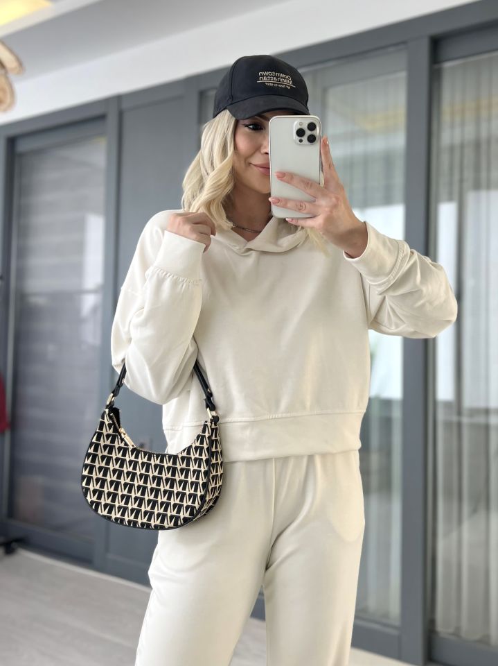 Krem Kapüşonlu Oversize Eşofman Takımı