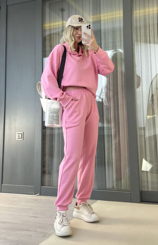 Pembe Kapüşonlu Oversize Eşofman Takımı