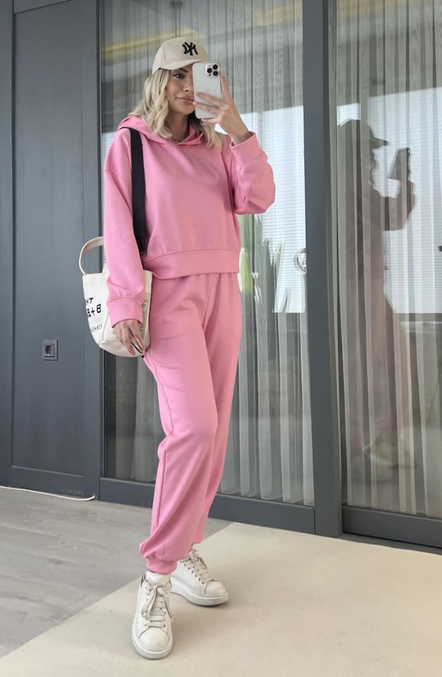 Pembe Kapüşonlu Oversize Eşofman Takımı