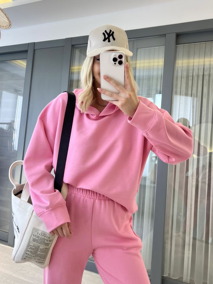 Pembe Kapüşonlu Oversize Eşofman Takımı
