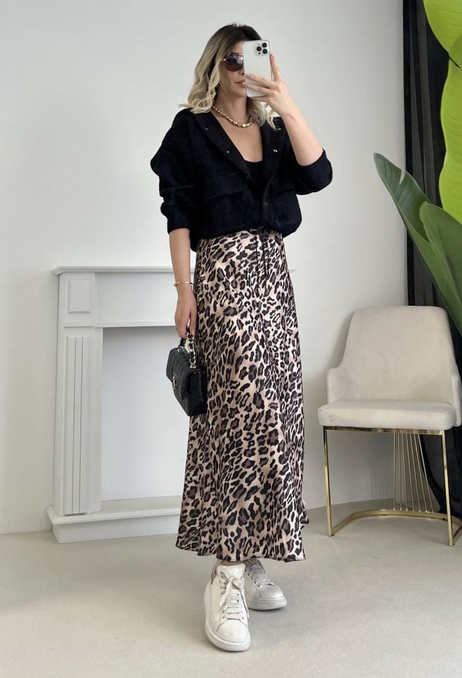 Leopar Desen Saten Etek