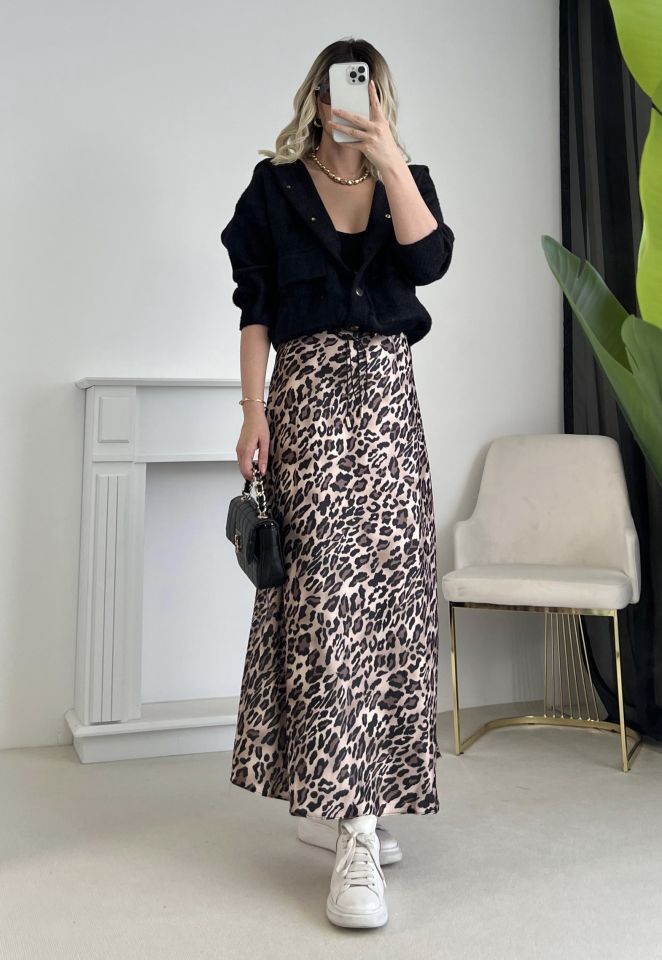 Leopar Desen Saten Etek