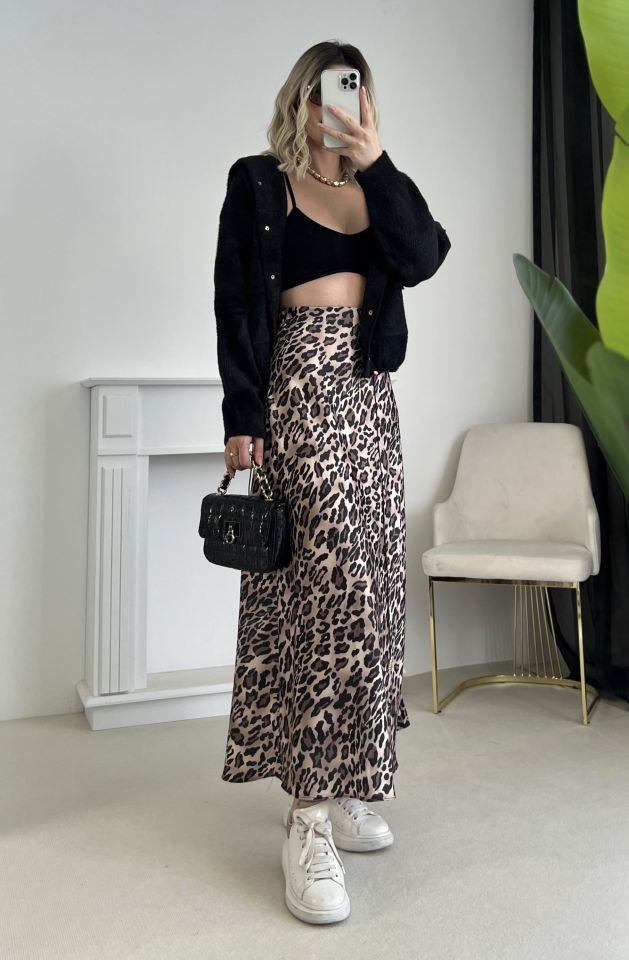 Leopar Desen Saten Etek