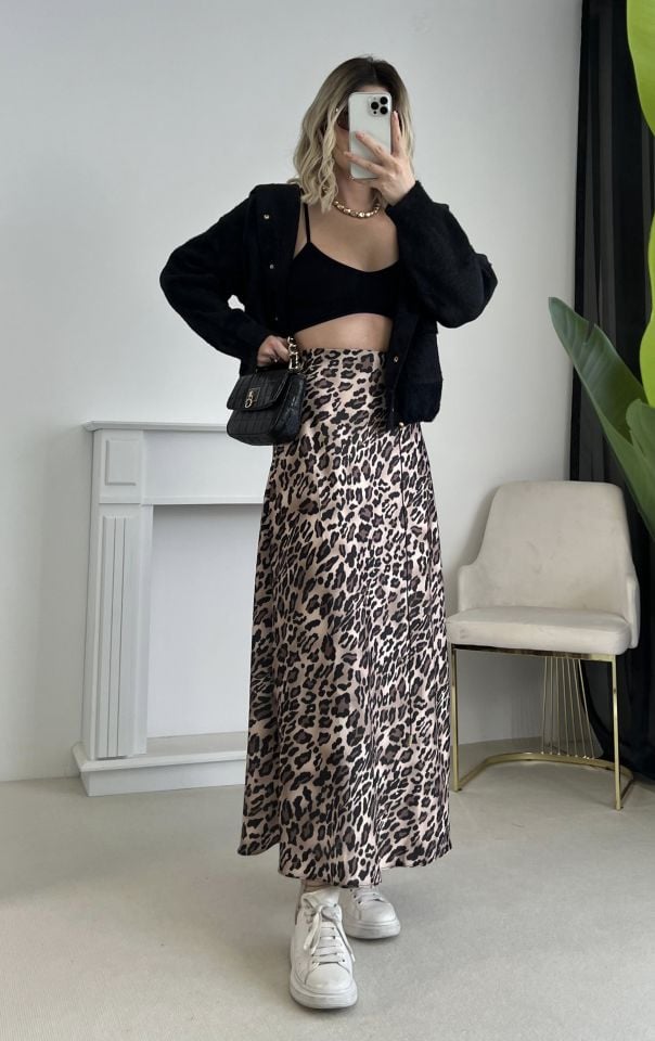Leopar Desen Saten Etek