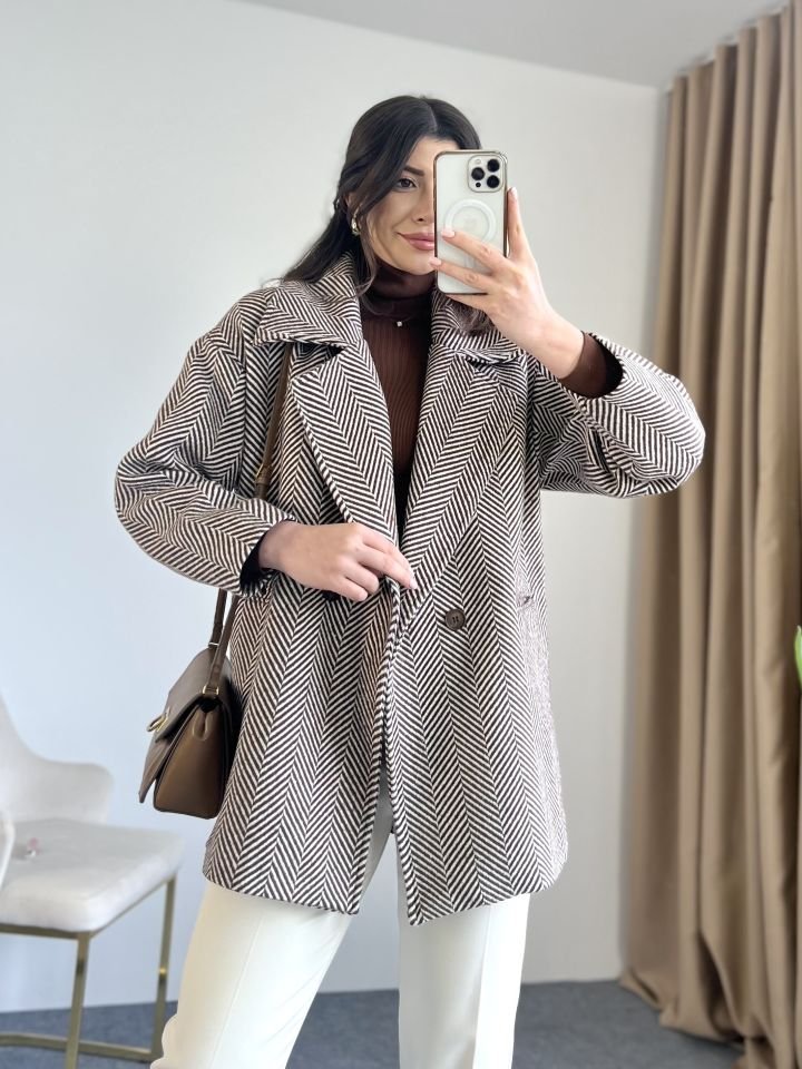 Kahve Balıksırtı Oversize Kaban