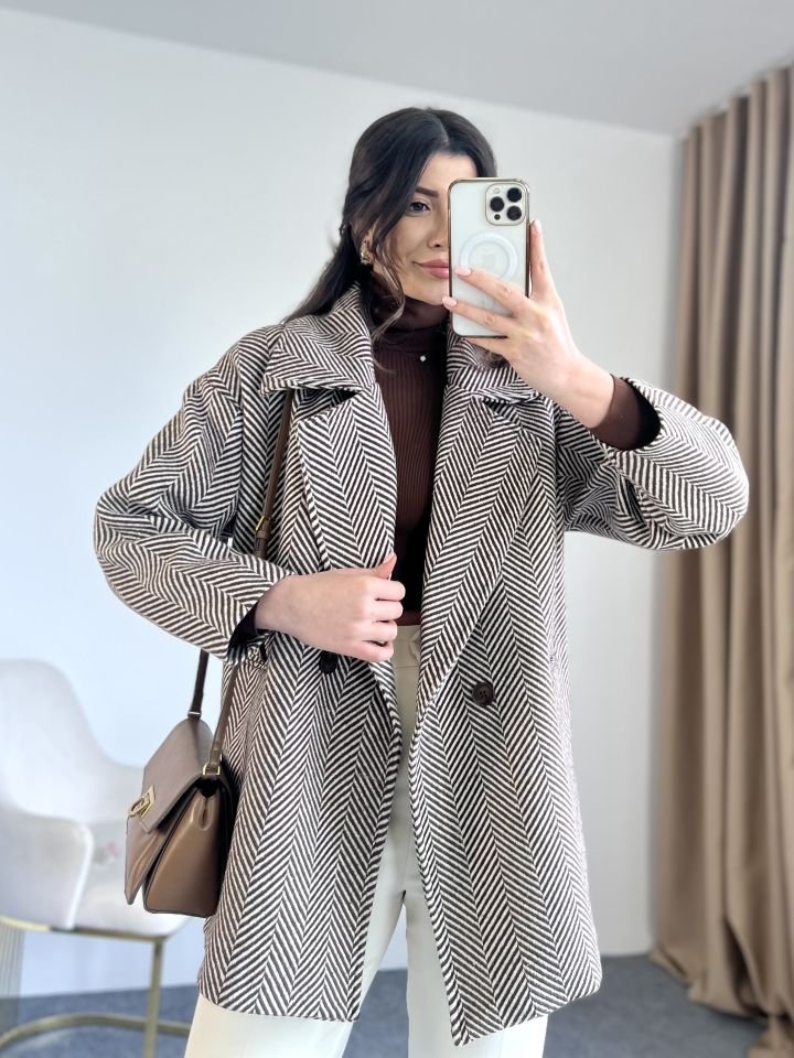 Kahve Balıksırtı Oversize Kaban