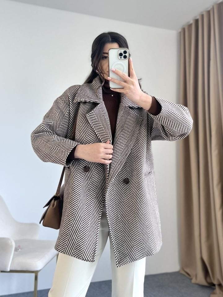 Kahve Balıksırtı Oversize Kaban