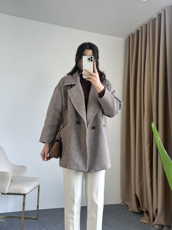 Kahve Balıksırtı Oversize Kaban
