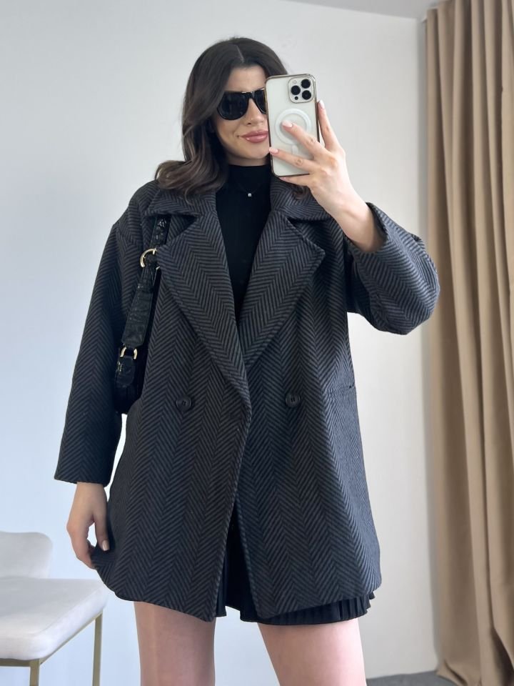 Antrasit Balıksırtı Oversize Kaban
