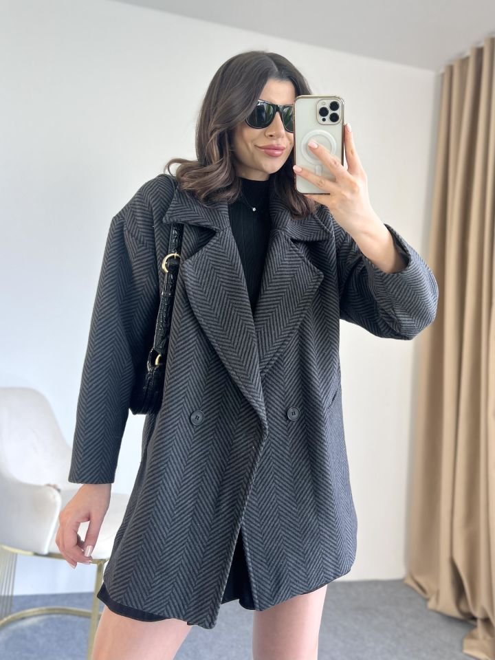 Antrasit Balıksırtı Oversize Kaban