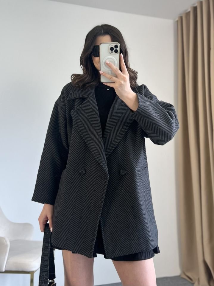 Antrasit Balıksırtı Oversize Kaban