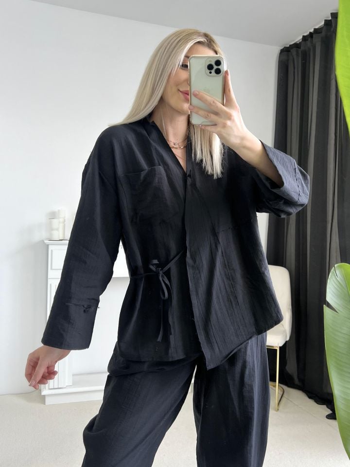 Siyah Bağlama Detay Kimono Pantolon Takım