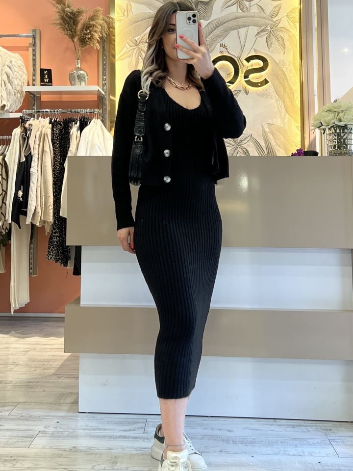 Siyah Elbise Hırka Triko Takım
