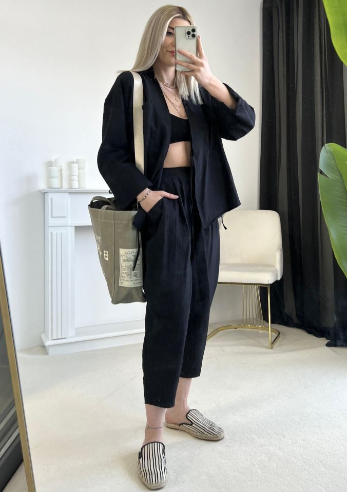 Siyah Bağlama Detay Kimono Pantolon Takım