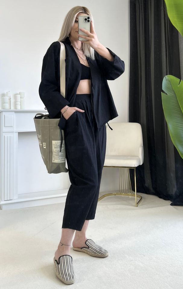 Siyah Bağlama Detay Kimono Pantolon Takım