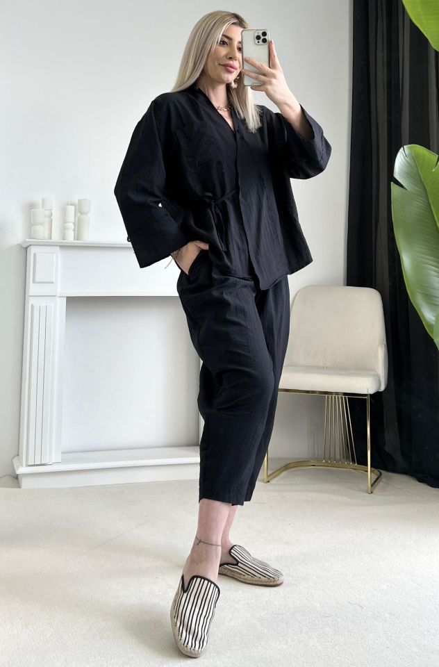 Siyah Bağlama Detay Kimono Pantolon Takım