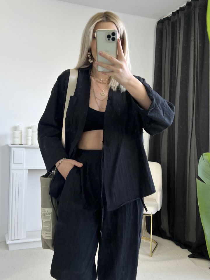 Siyah Bağlama Detay Kimono Pantolon Takım