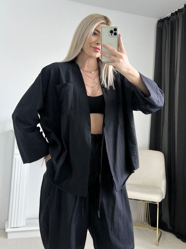 Siyah Bağlama Detay Kimono Pantolon Takım